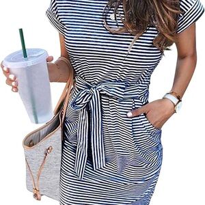 EUC- Meroketty Women’s Summer Striped Tie Waist Dress with Pockets- Navy- XL